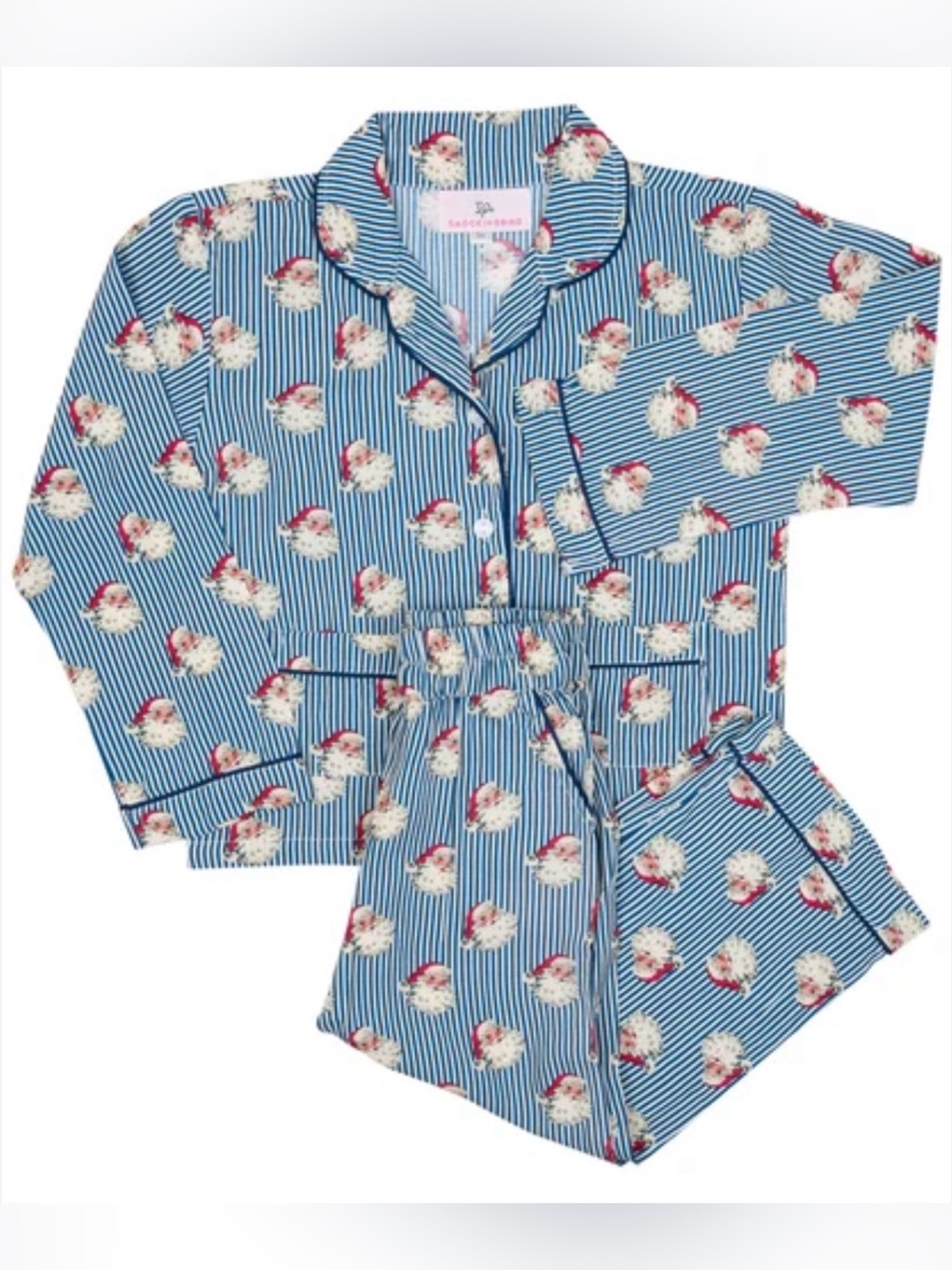 SMOCKINGBIRD Navy Striped Vintage Santa Button Down Pajama Set - 8